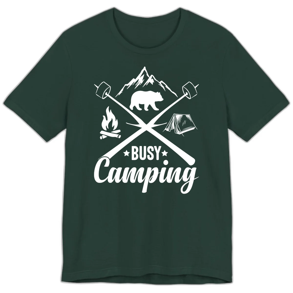 Busy camping badge design with bear, mountains, crossed axes, campfire, and tent on gray background in Forest