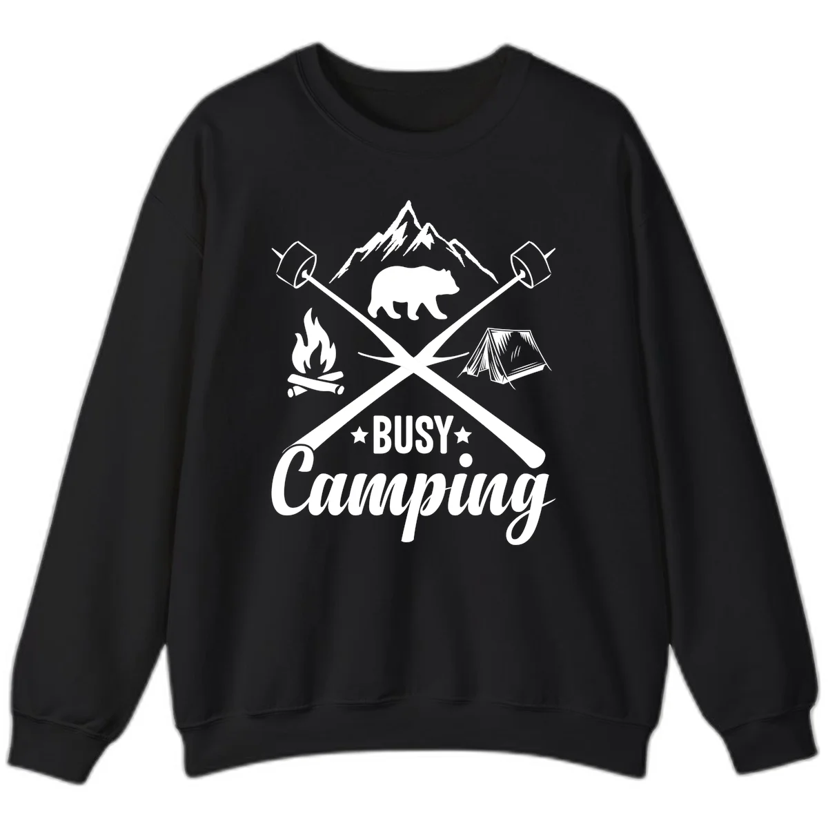 Busy camping badge design with bear, mountains, crossed axes, campfire, and tent on gray background in Black