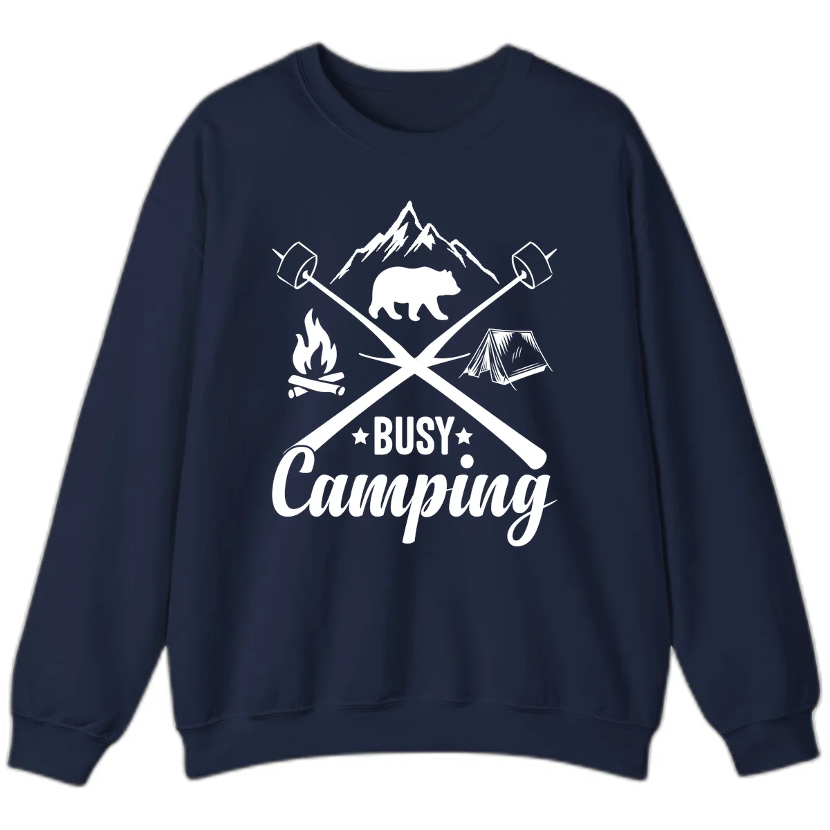 Busy camping badge design with bear, mountains, crossed axes, campfire, and tent on gray background in Navy