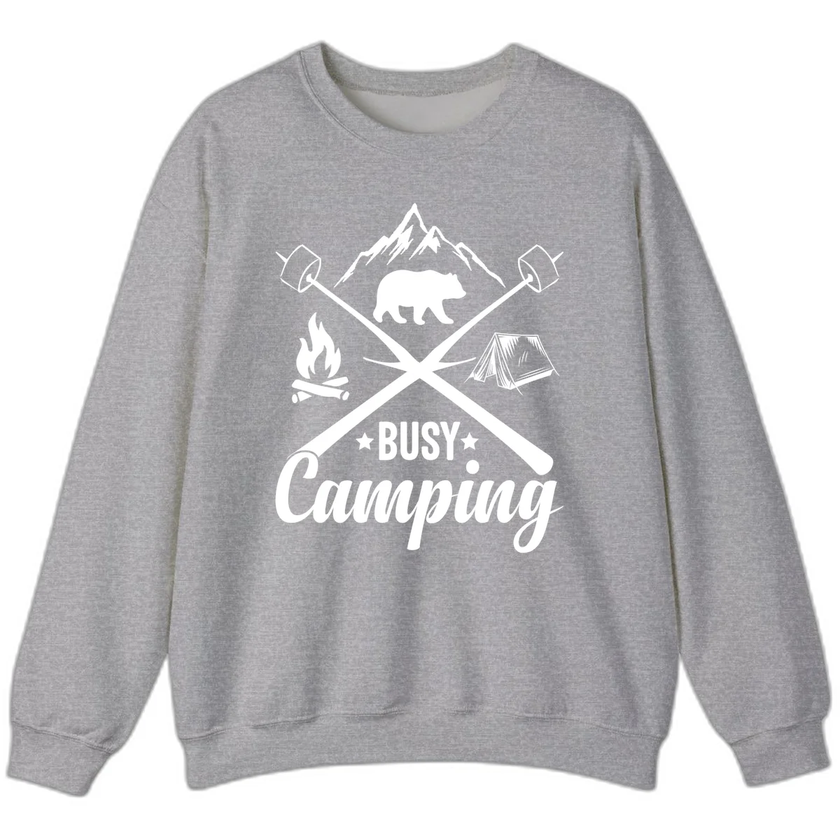 Busy camping badge design with bear, mountains, crossed axes, campfire, and tent on gray background in Sport Grey
