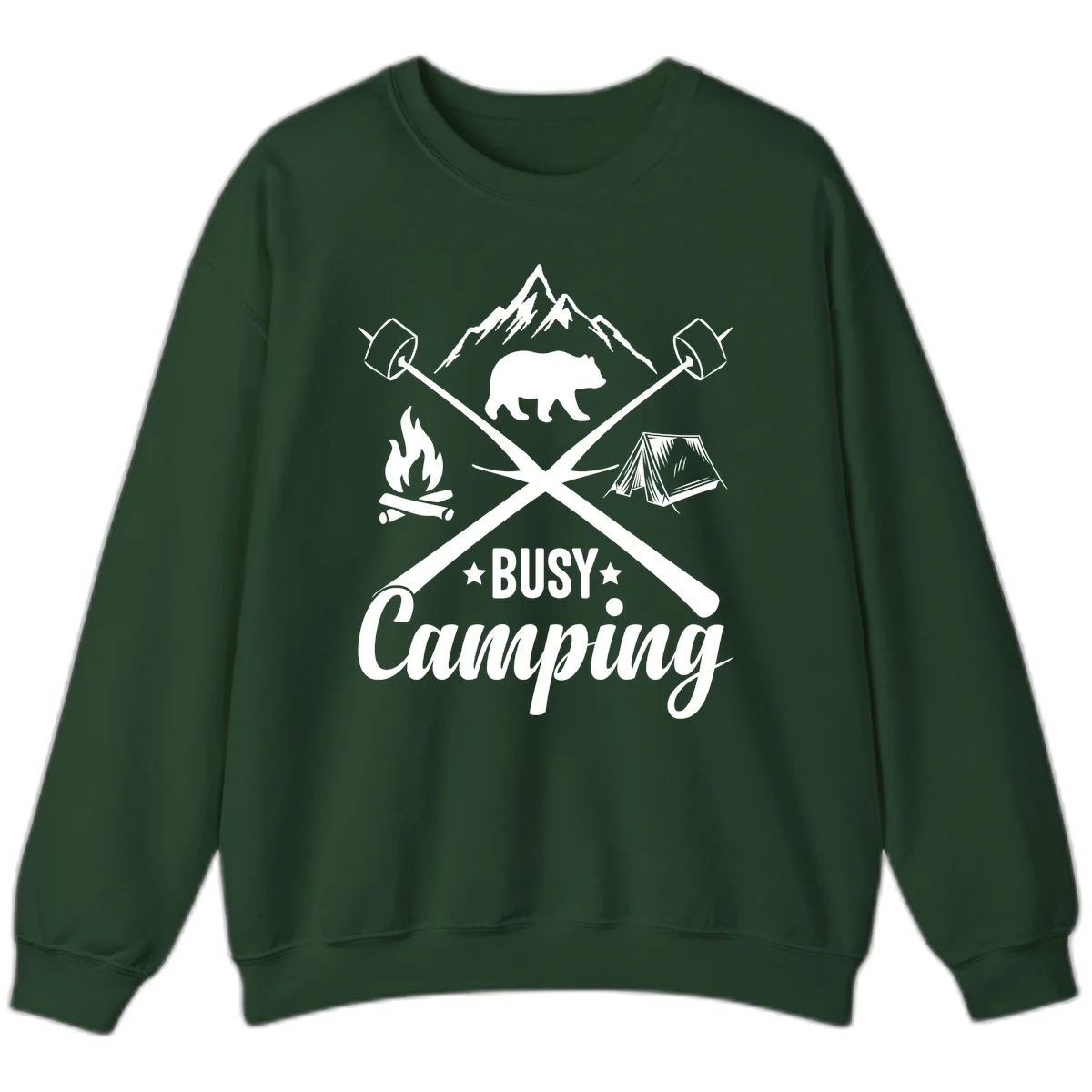 Busy camping badge design with bear, mountains, crossed axes, campfire, and tent on gray background in Forest Green