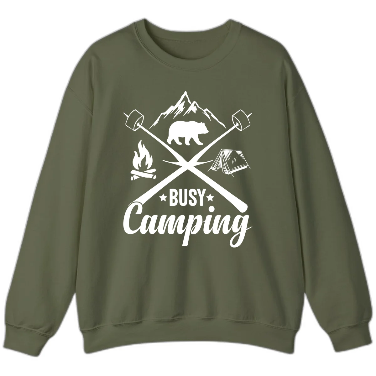 Busy camping badge design with bear, mountains, crossed axes, campfire, and tent on gray background in Military Green