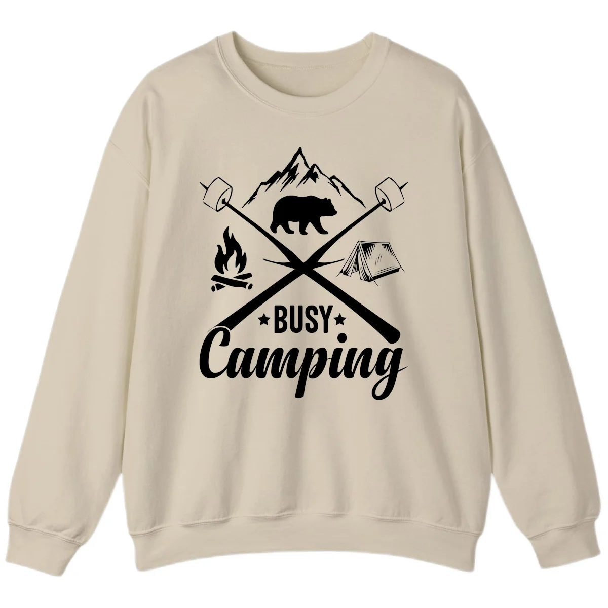 Busy camping badge design with bear, mountains, crossed axes, campfire, and tent on gray background in Sand
