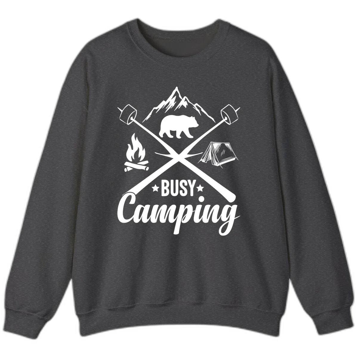 Busy camping badge design with bear, mountains, crossed axes, campfire, and tent on gray background in Dark Heather