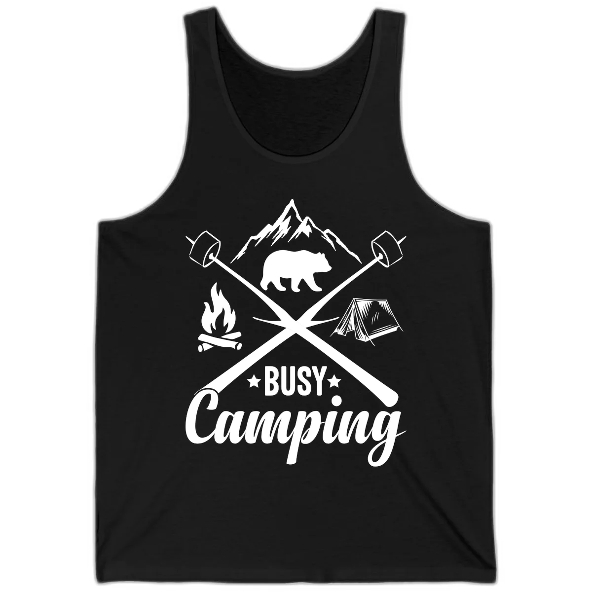 Busy camping badge design with bear, mountains, crossed axes, campfire, and tent on gray background in Black