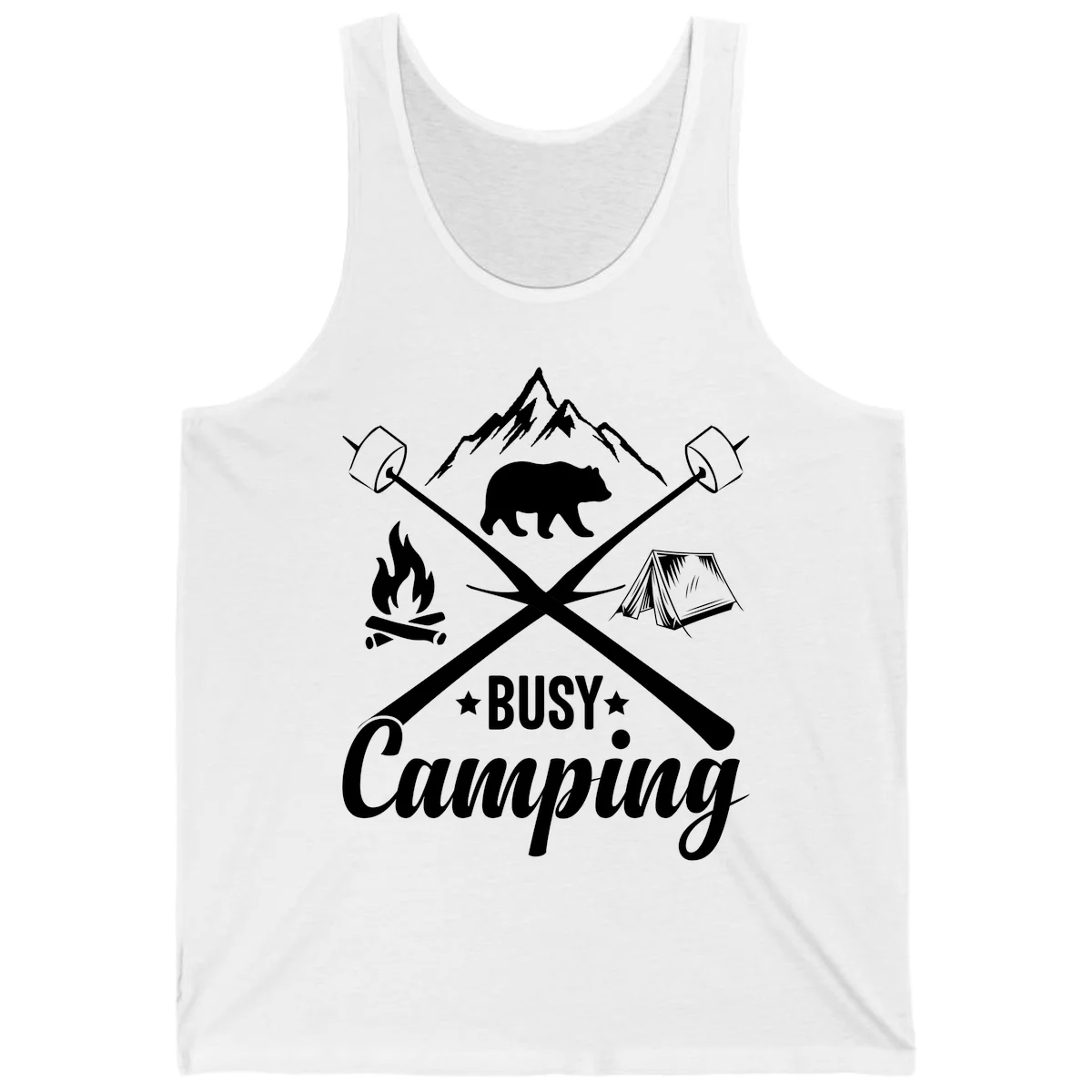 Busy camping badge design with bear, mountains, crossed axes, campfire, and tent on gray background in White