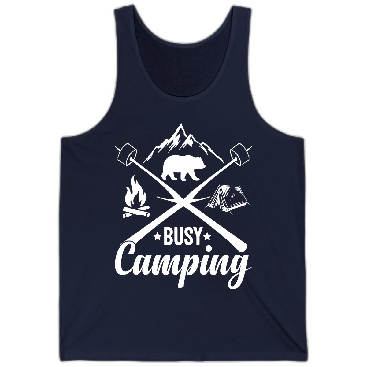 Busy camping badge design with bear, mountains, crossed axes, campfire, and tent on gray background in Navy