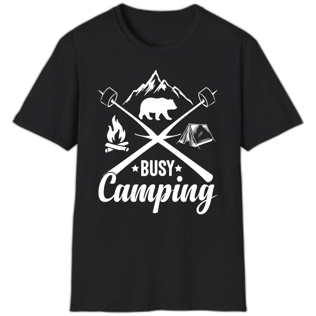 Busy camping badge design with bear, mountains, crossed axes, campfire, and tent on gray background in Black