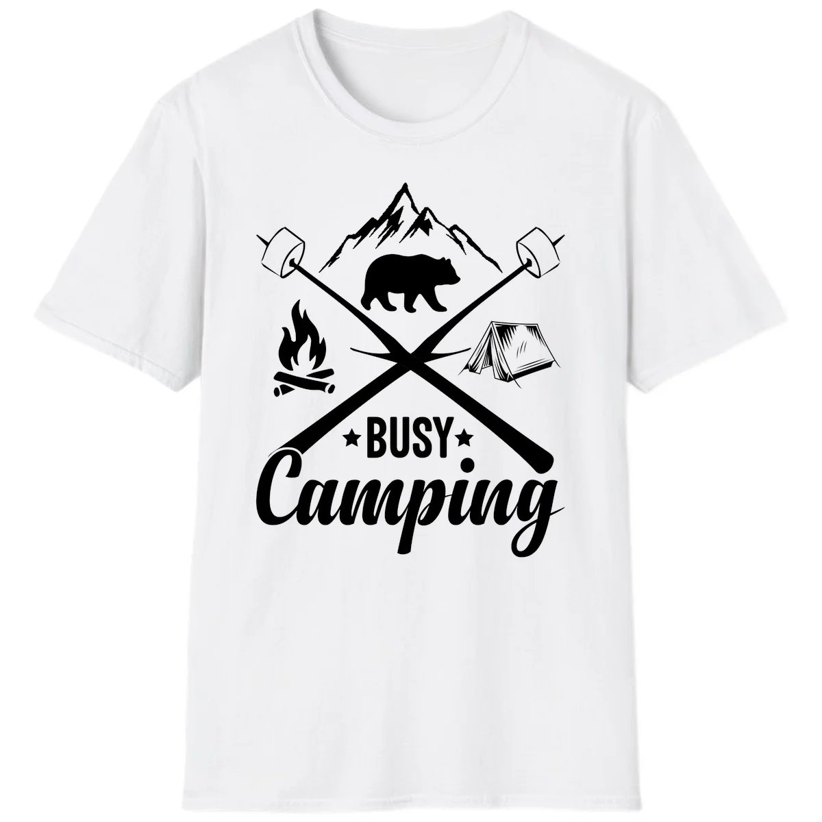 Busy camping badge design with bear, mountains, crossed axes, campfire, and tent on gray background in White