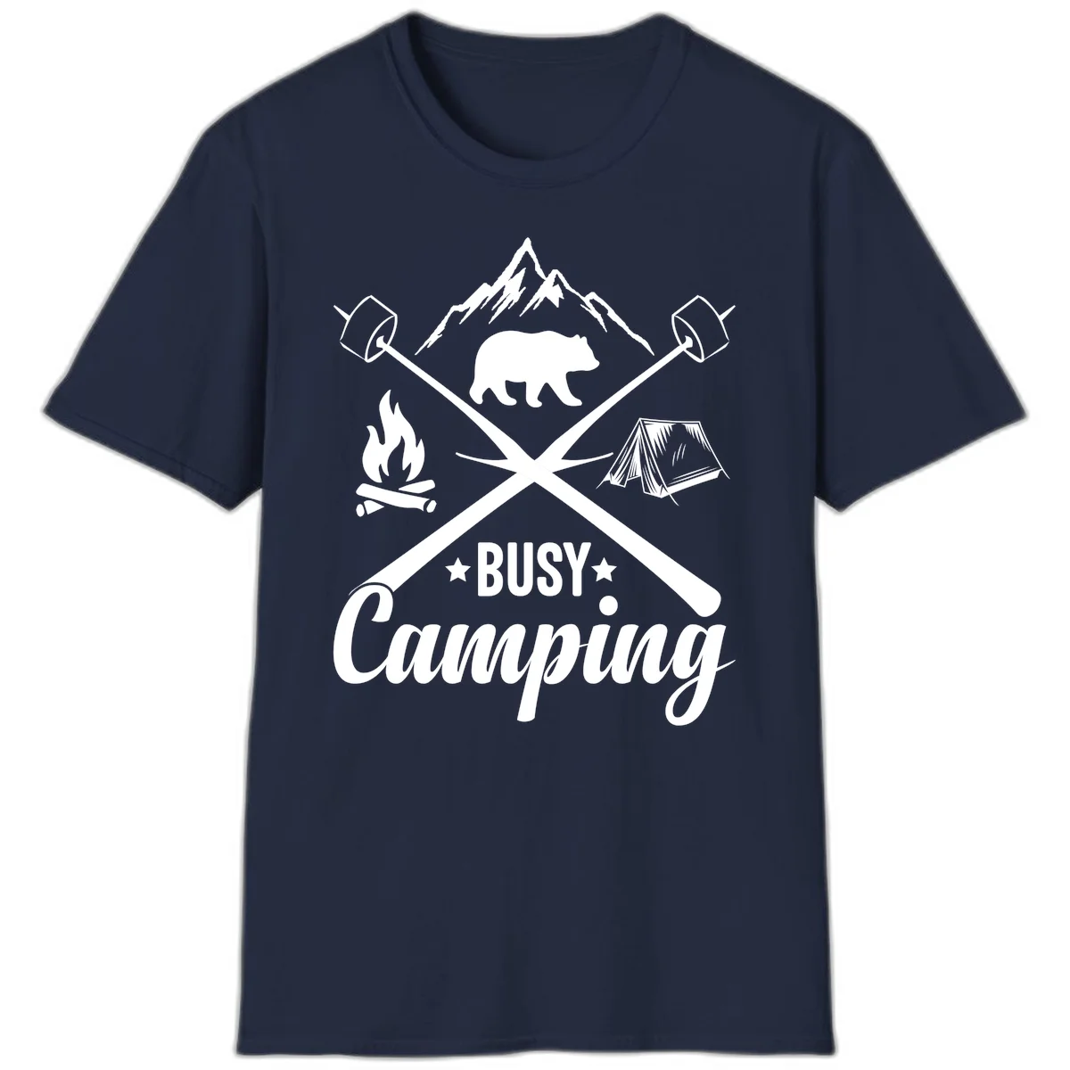 Busy camping badge design with bear, mountains, crossed axes, campfire, and tent on gray background in Navy