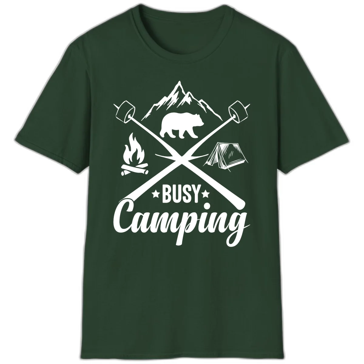 Busy camping badge design with bear, mountains, crossed axes, campfire, and tent on gray background in Forest Green