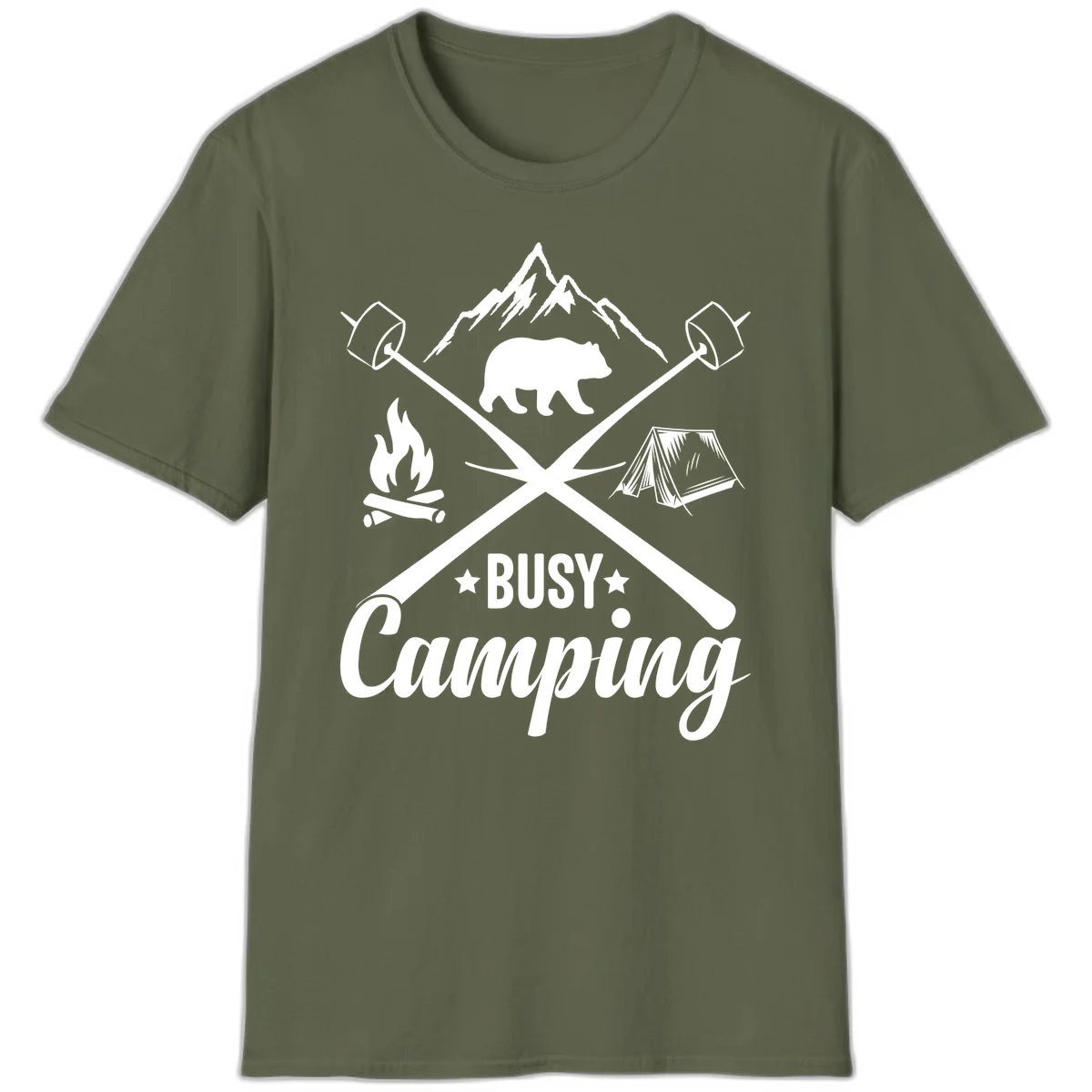 Busy camping badge design with bear, mountains, crossed axes, campfire, and tent on gray background in Military Green