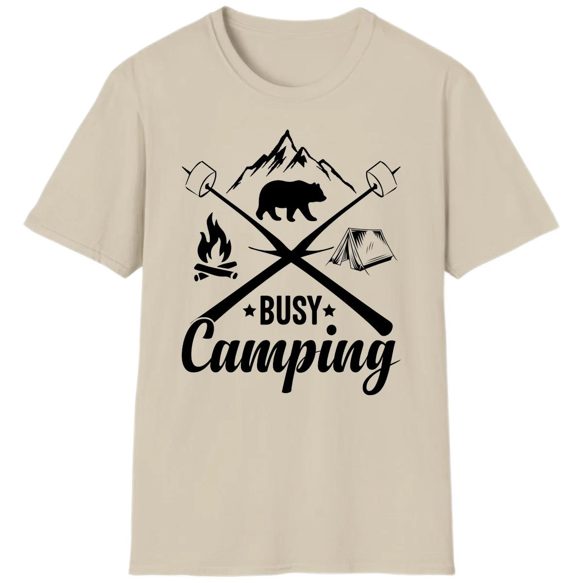 Busy camping badge design with bear, mountains, crossed axes, campfire, and tent on gray background in Sand