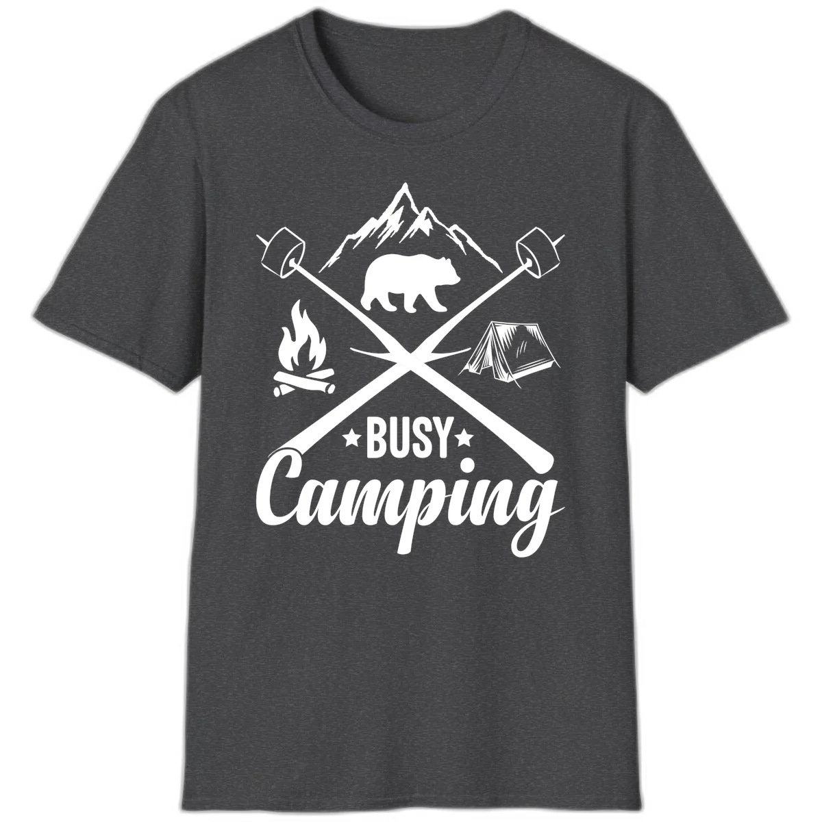 Busy camping badge design with bear, mountains, crossed axes, campfire, and tent on gray background in Dark Heather
