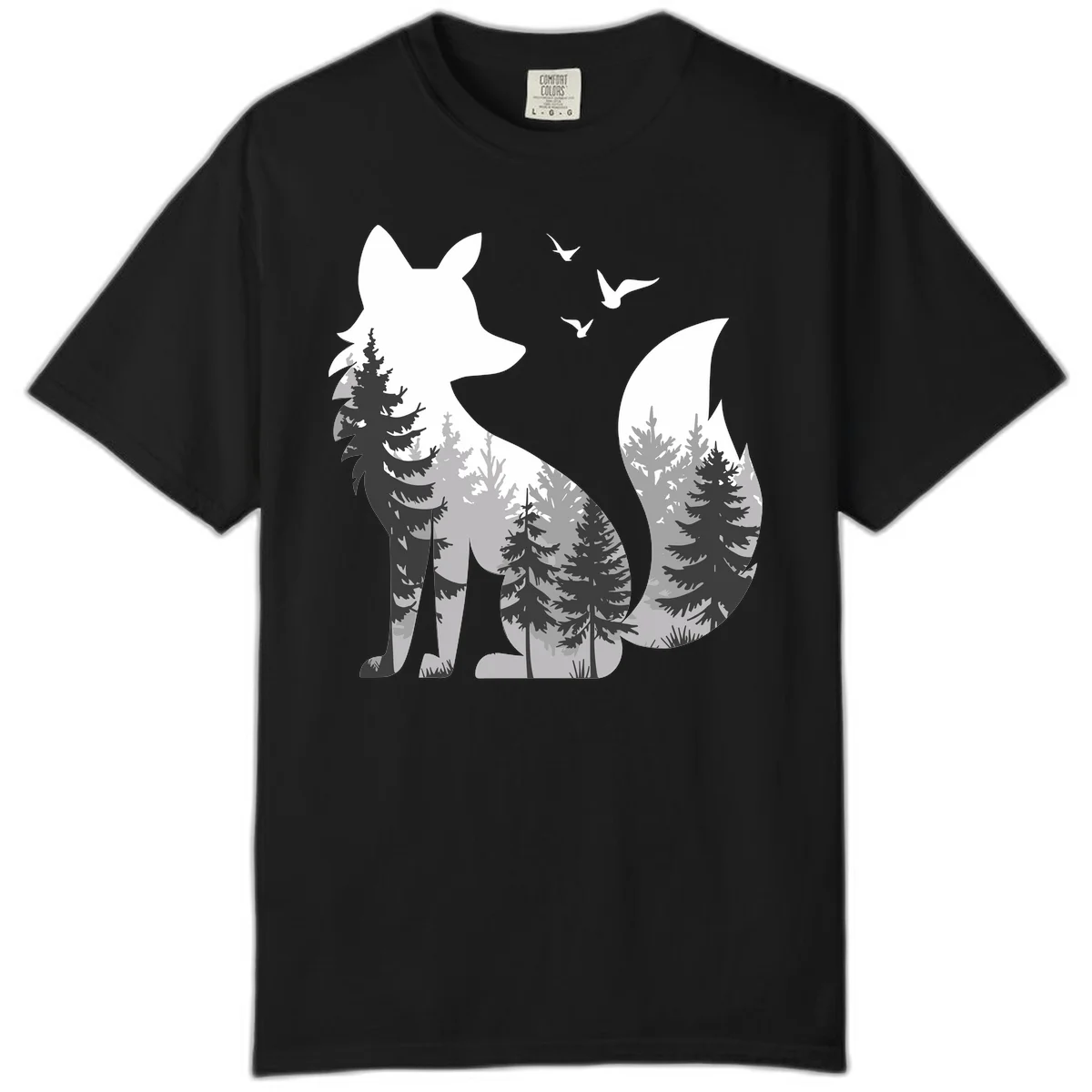 Forest fox double exposure illustration with evergreen trees and flying birds in black, gray, and white silhouettes in Black