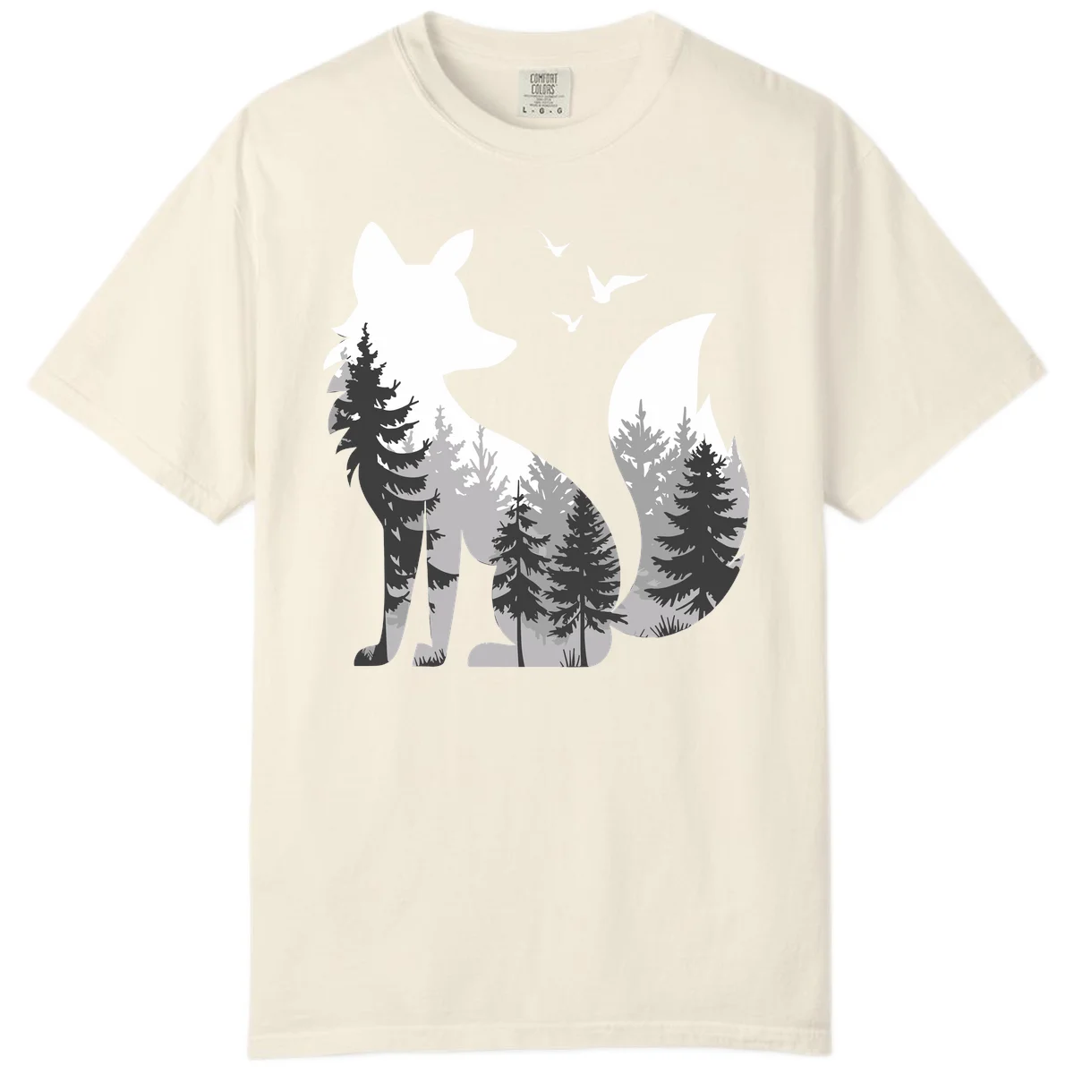 Forest fox double exposure illustration with evergreen trees and flying birds in black, gray, and white silhouettes in Ivory