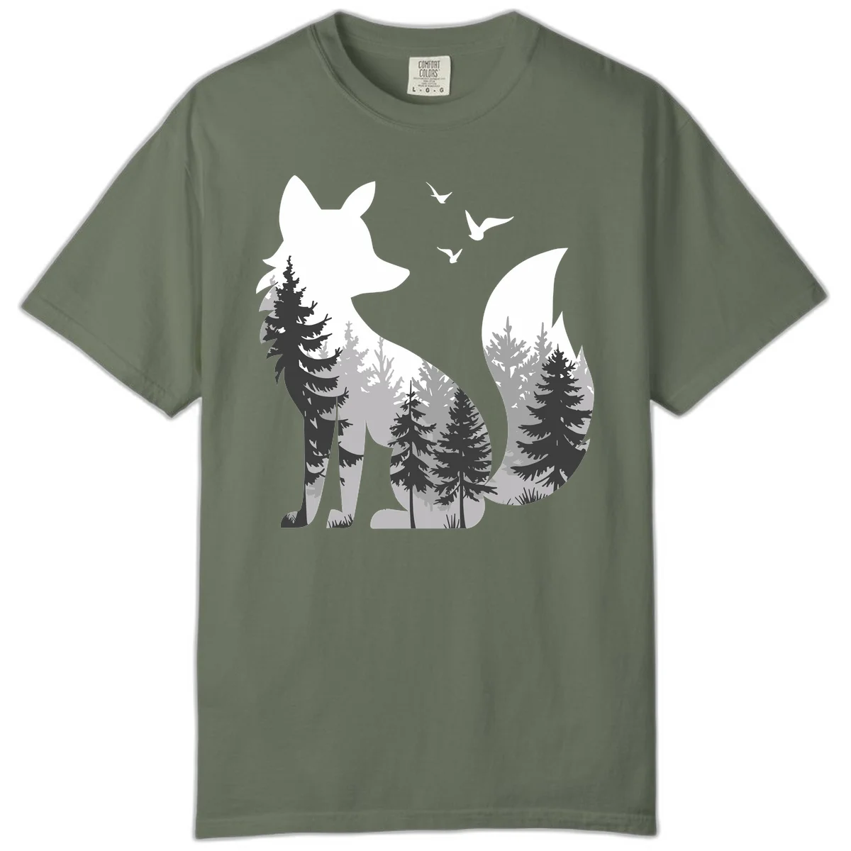Forest fox double exposure illustration with evergreen trees and flying birds in black, gray, and white silhouettes in Moss