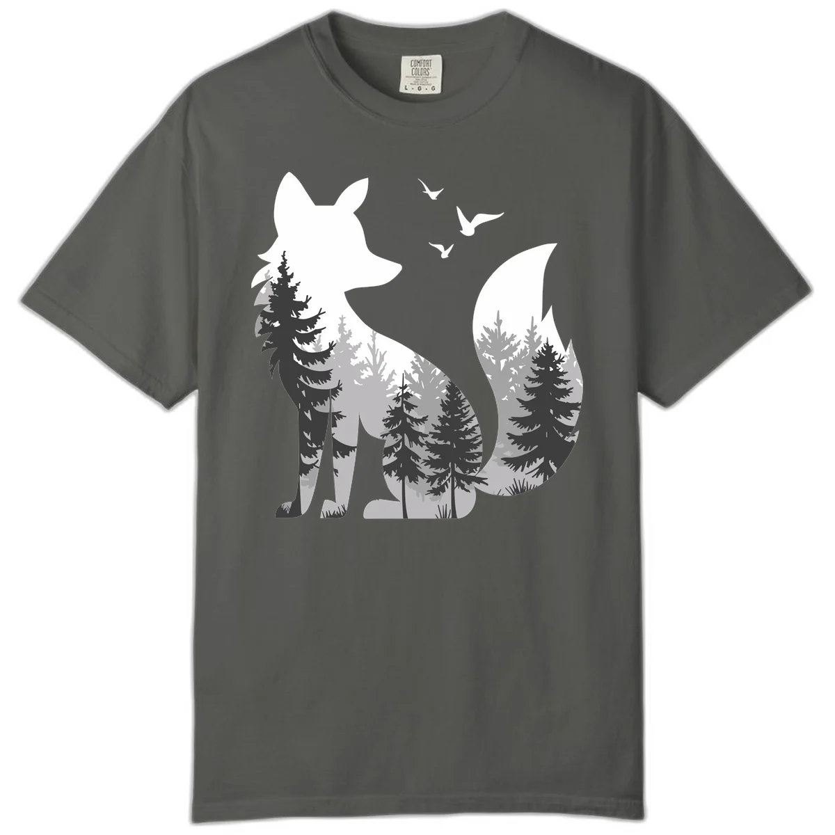 Forest fox double exposure illustration with evergreen trees and flying birds in black, gray, and white silhouettes in Pepper