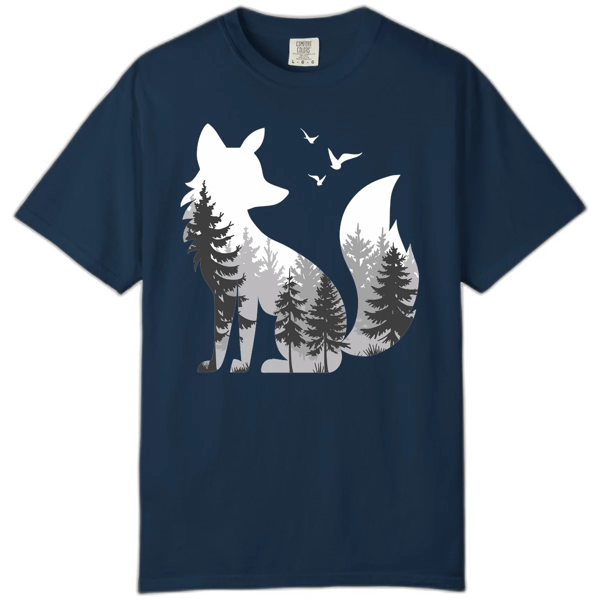 Forest fox double exposure illustration with evergreen trees and flying birds in black, gray, and white silhouettes in True Navy