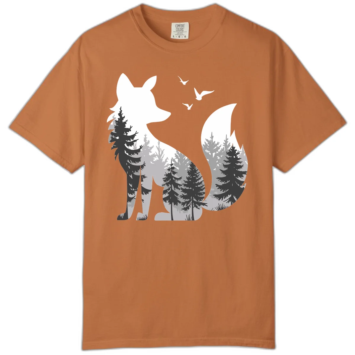Forest fox double exposure illustration with evergreen trees and flying birds in black, gray, and white silhouettes in Yam
