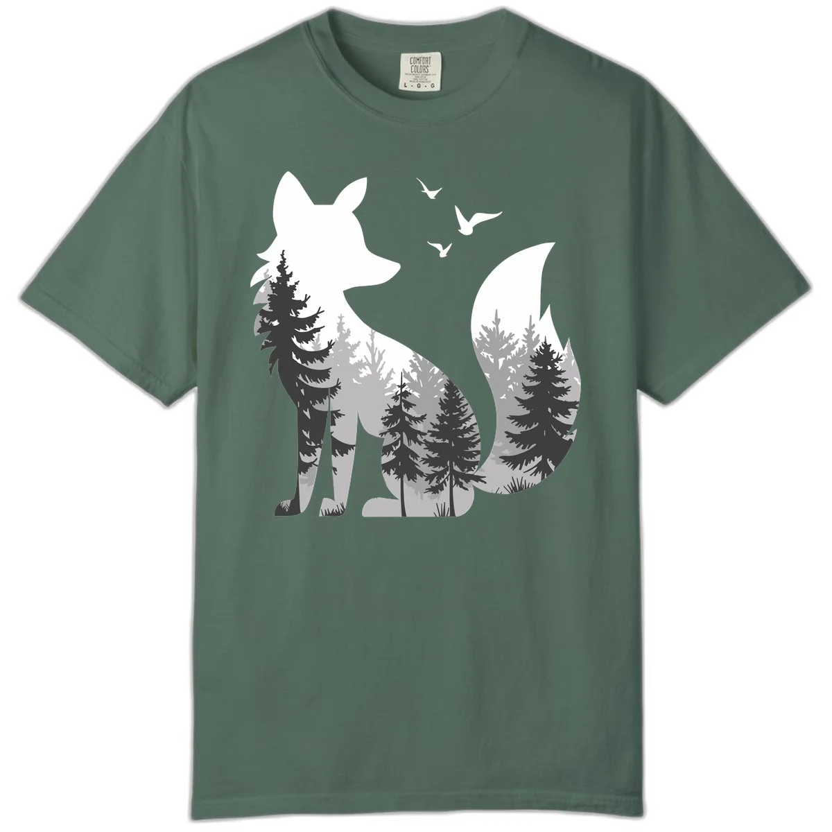 Forest fox double exposure illustration with evergreen trees and flying birds in black, gray, and white silhouettes in Blue Spruce
