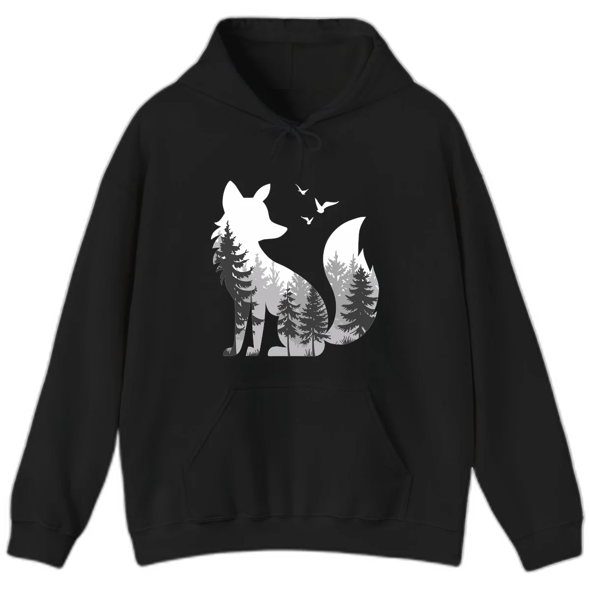 Forest fox double exposure illustration with evergreen trees and flying birds in black, gray, and white silhouettes in Black