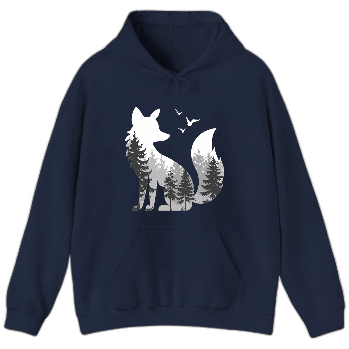 Forest fox double exposure illustration with evergreen trees and flying birds in black, gray, and white silhouettes in Navy