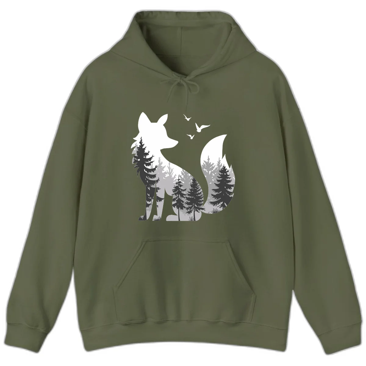 Forest fox double exposure illustration with evergreen trees and flying birds in black, gray, and white silhouettes in Military Green