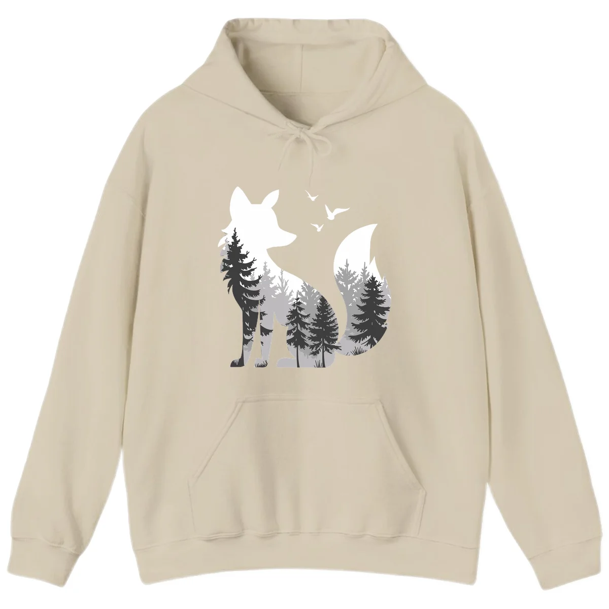 Forest fox double exposure illustration with evergreen trees and flying birds in black, gray, and white silhouettes in Sand