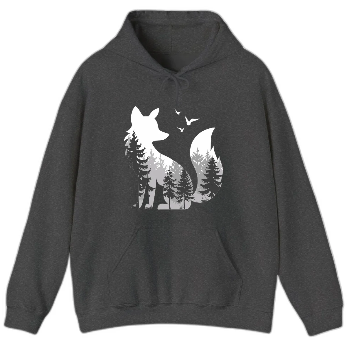Forest fox double exposure illustration with evergreen trees and flying birds in black, gray, and white silhouettes in Dark Heather