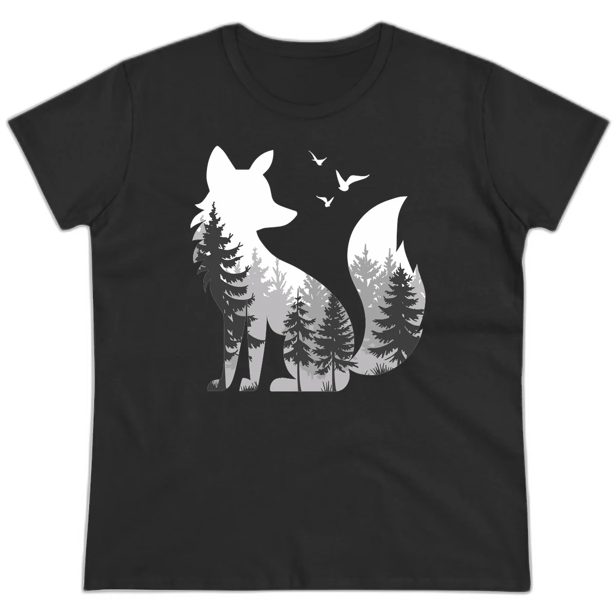 Forest fox double exposure illustration with evergreen trees and flying birds in black, gray, and white silhouettes in Black