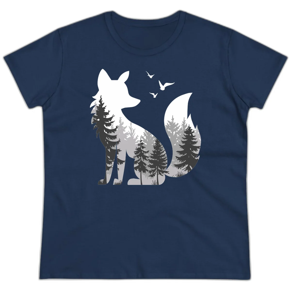Forest fox double exposure illustration with evergreen trees and flying birds in black, gray, and white silhouettes in Navy