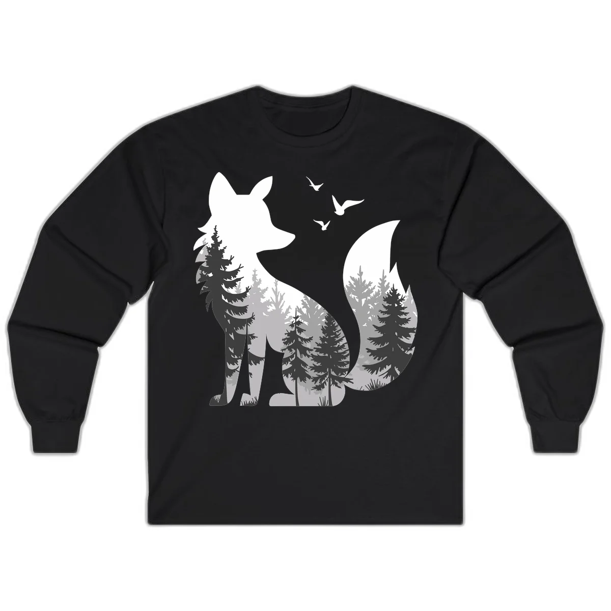 Forest fox double exposure illustration with evergreen trees and flying birds in black, gray, and white silhouettes in Black