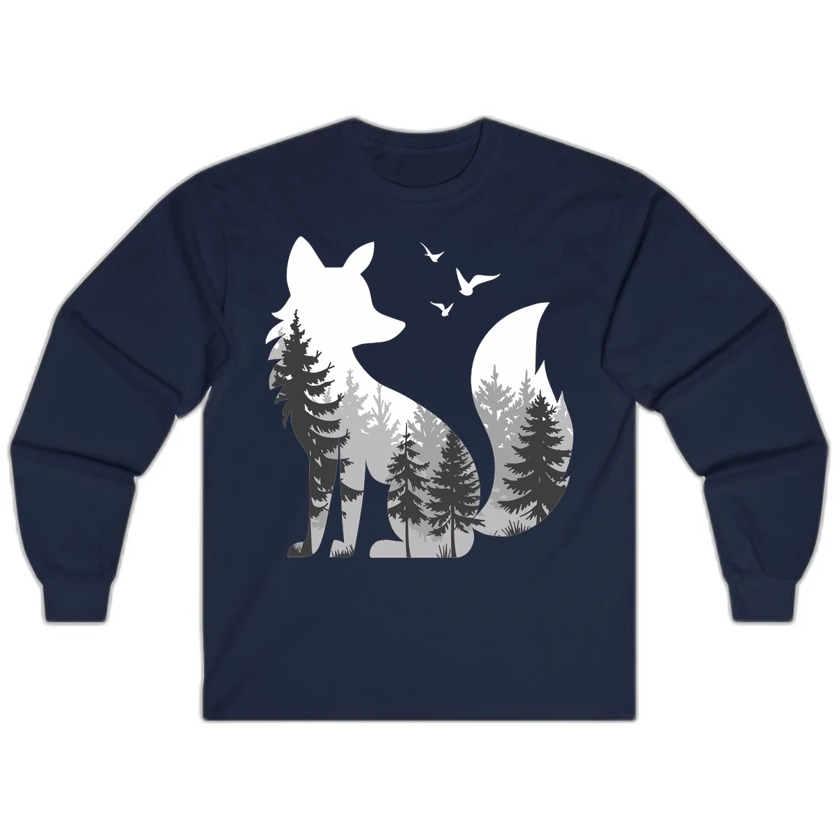 Forest fox double exposure illustration with evergreen trees and flying birds in black, gray, and white silhouettes in Navy