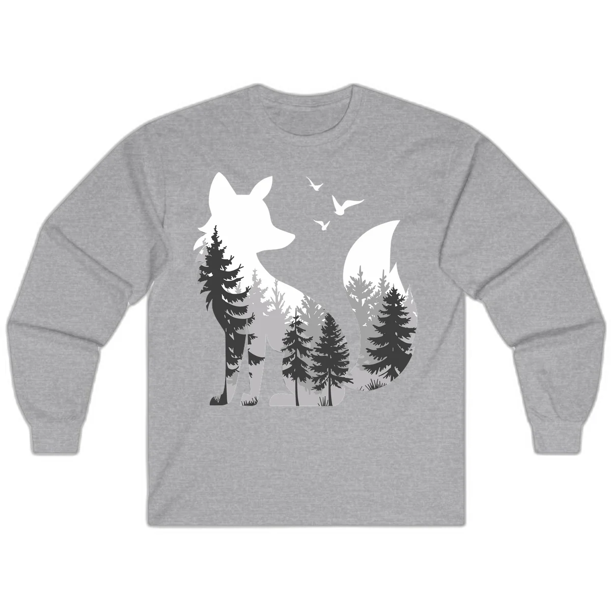 Forest fox double exposure illustration with evergreen trees and flying birds in black, gray, and white silhouettes in Sport Grey