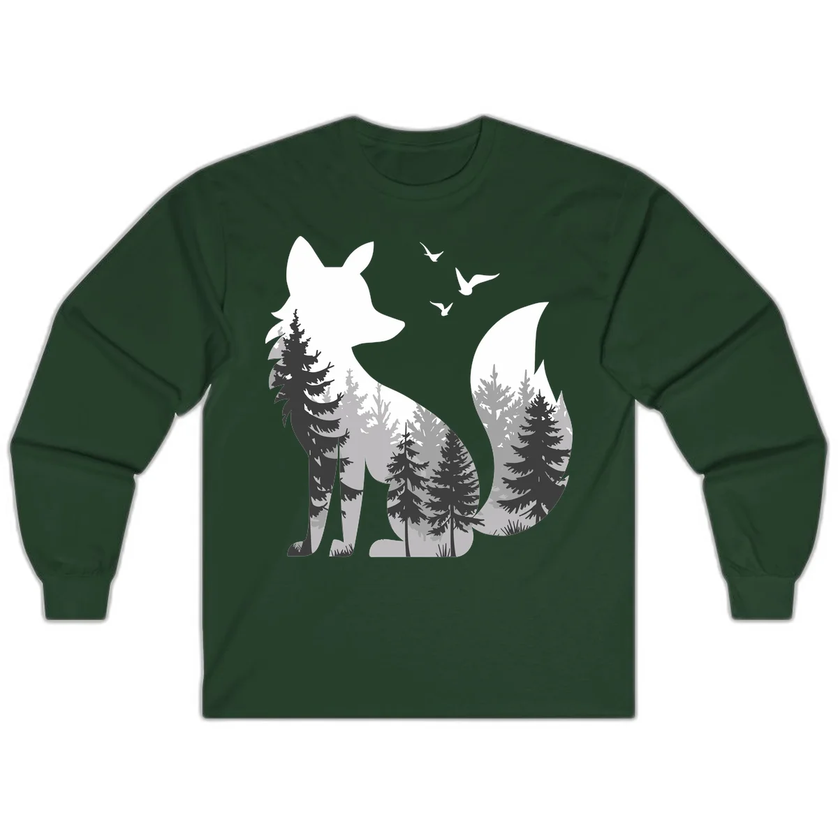 Forest fox double exposure illustration with evergreen trees and flying birds in black, gray, and white silhouettes in Forest Green