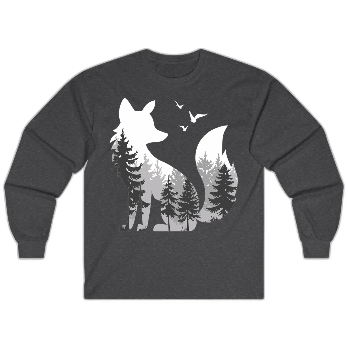 Forest fox double exposure illustration with evergreen trees and flying birds in black, gray, and white silhouettes in Dark Heather