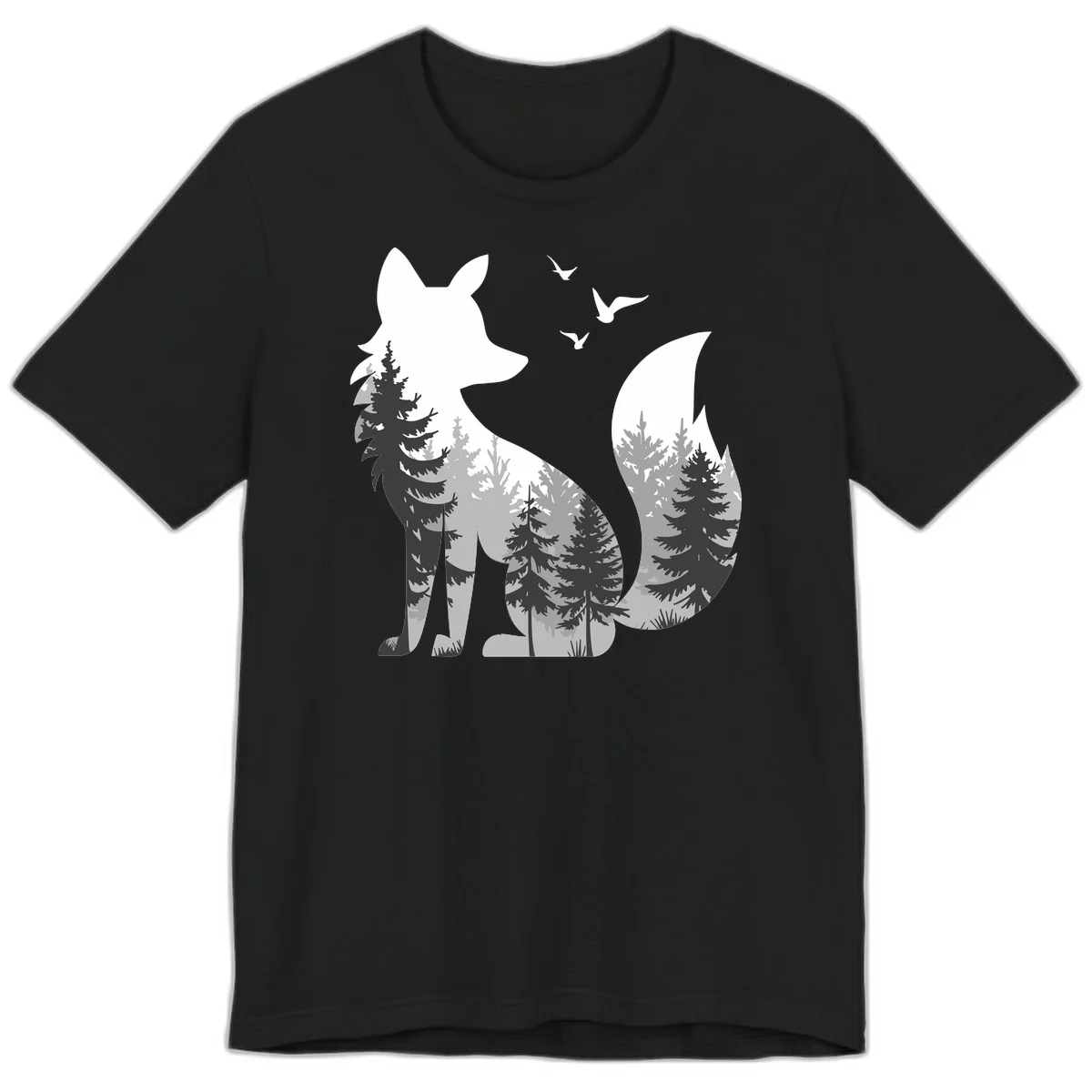 Forest fox double exposure illustration with evergreen trees and flying birds in black, gray, and white silhouettes in Black