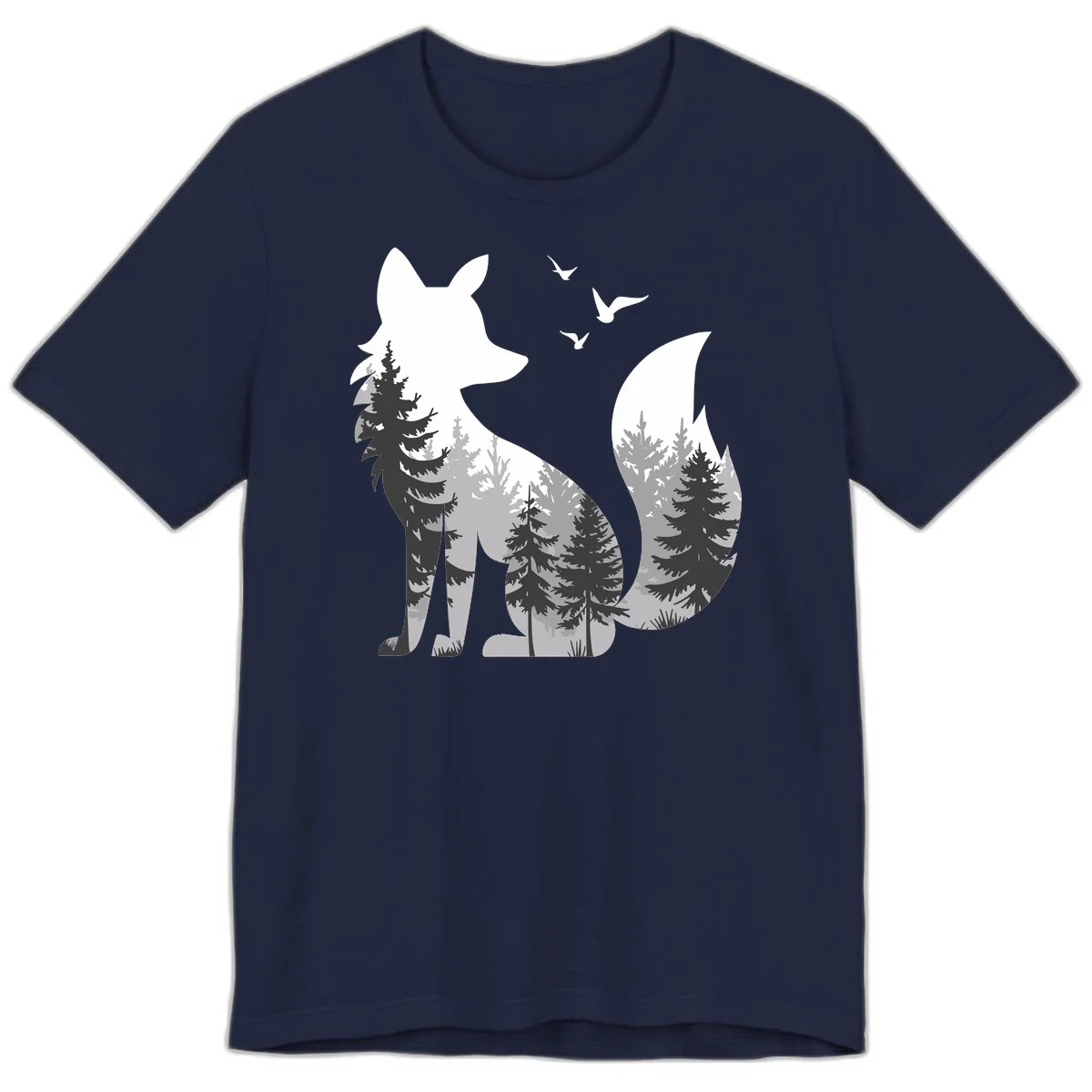 Forest fox double exposure illustration with evergreen trees and flying birds in black, gray, and white silhouettes in Navy