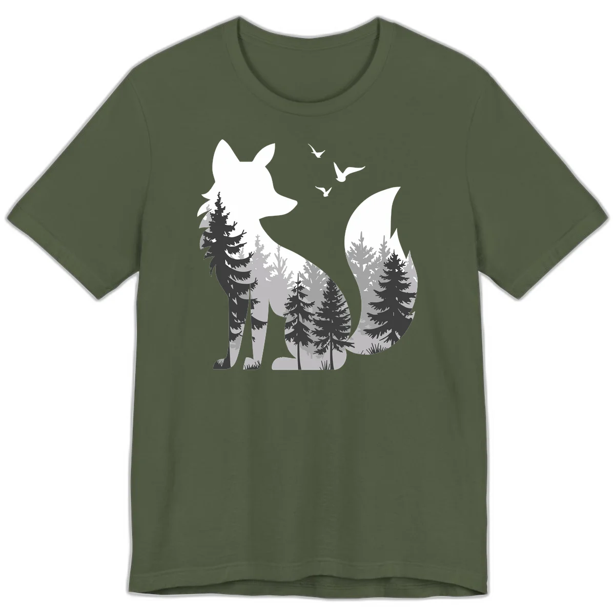 Forest fox double exposure illustration with evergreen trees and flying birds in black, gray, and white silhouettes in Military Green