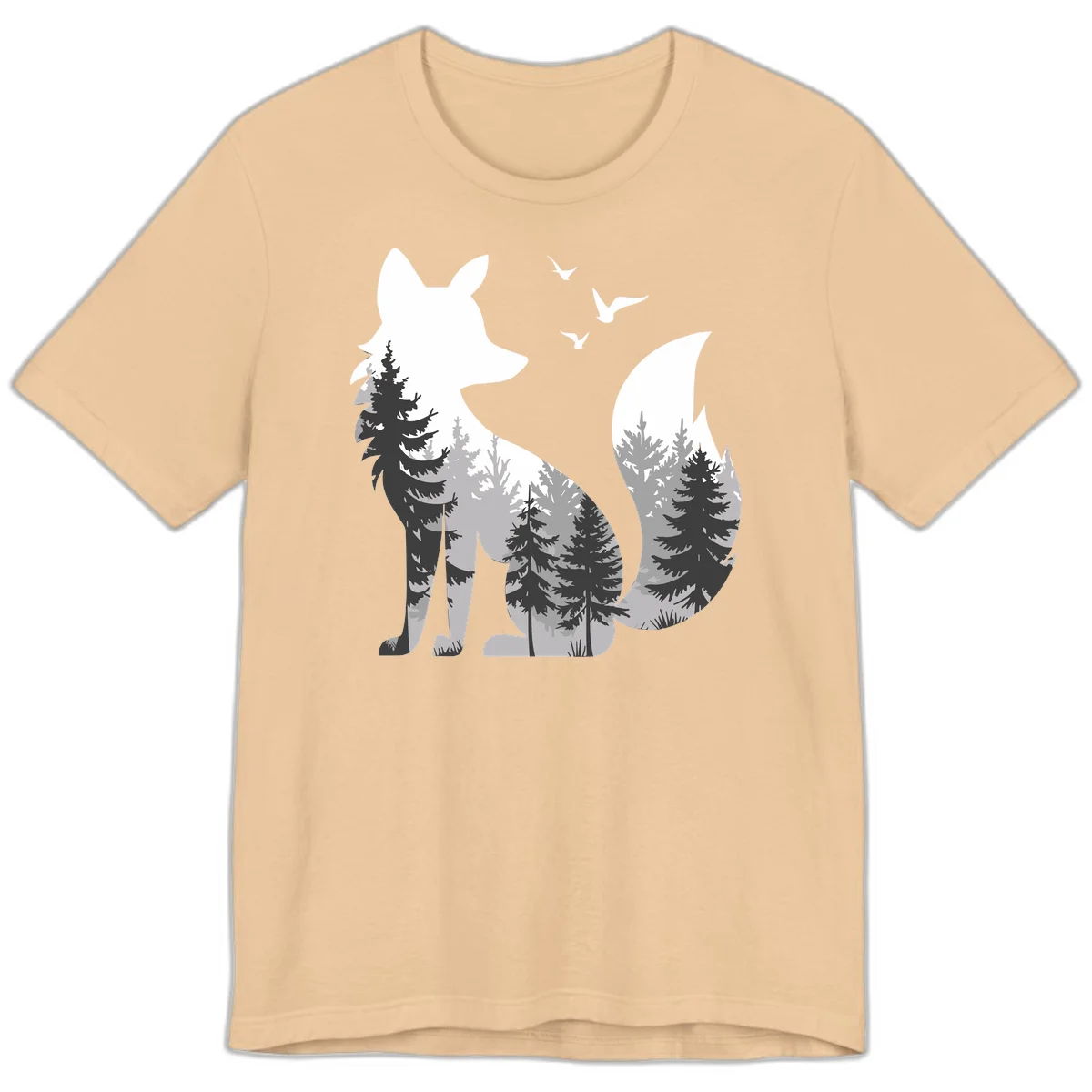 Forest fox double exposure illustration with evergreen trees and flying birds in black, gray, and white silhouettes in Sand Dune
