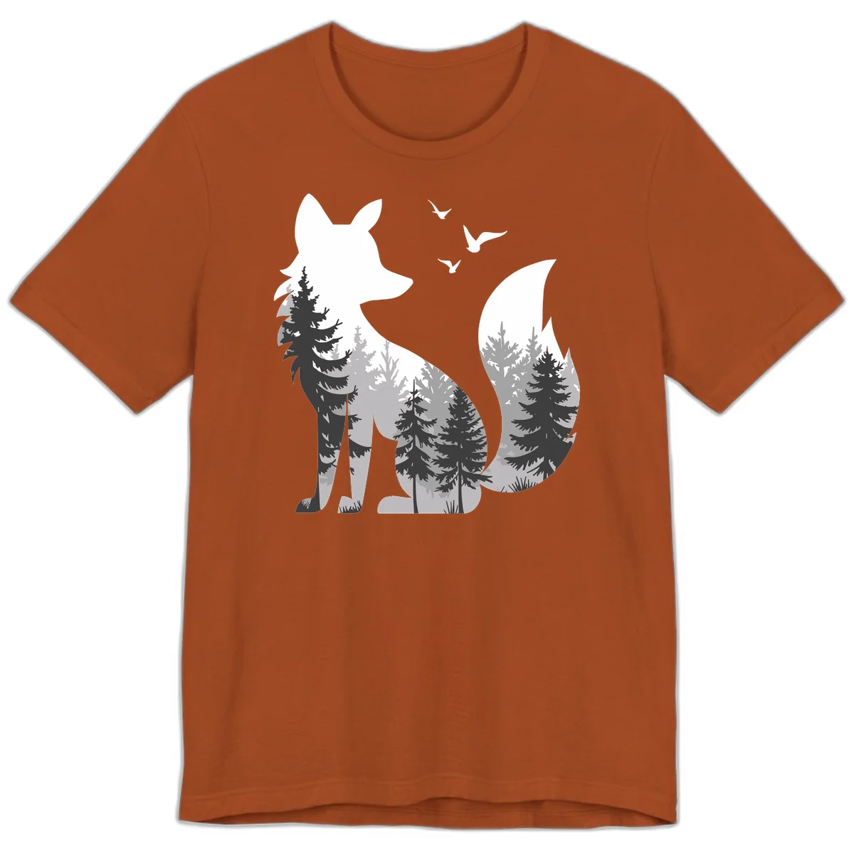 Forest fox double exposure illustration with evergreen trees and flying birds in black, gray, and white silhouettes in Autumn