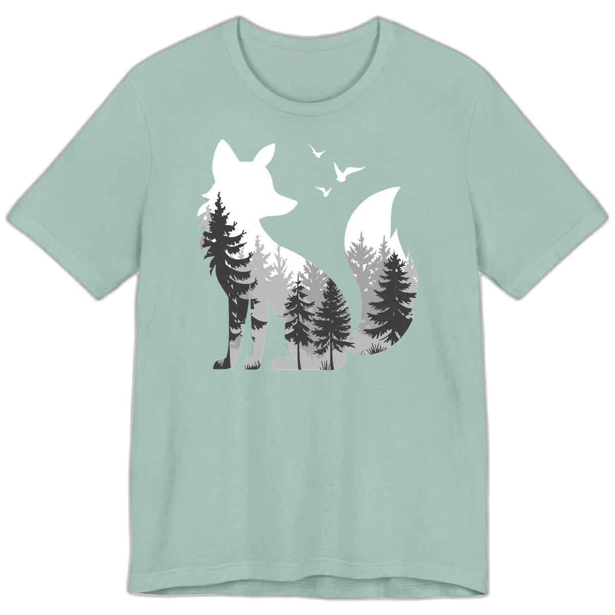 Forest fox double exposure illustration with evergreen trees and flying birds in black, gray, and white silhouettes in Dusty Blue