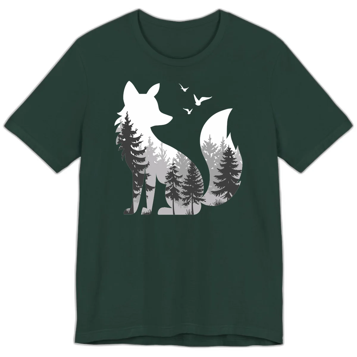 Forest fox double exposure illustration with evergreen trees and flying birds in black, gray, and white silhouettes in Forest