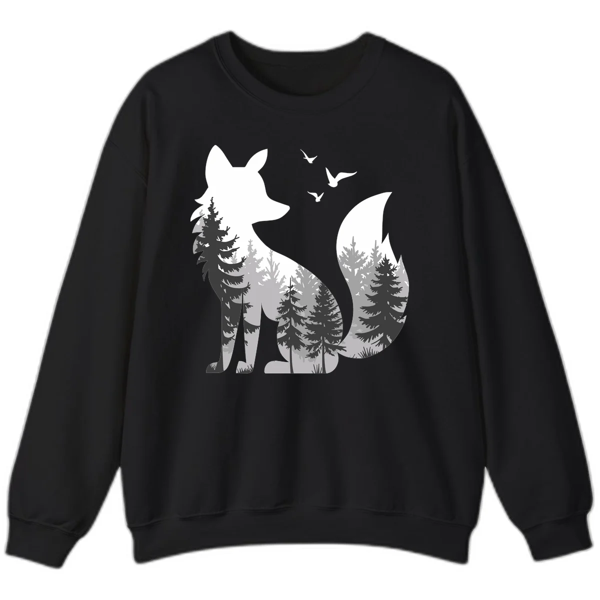 Forest fox double exposure illustration with evergreen trees and flying birds in black, gray, and white silhouettes in Black