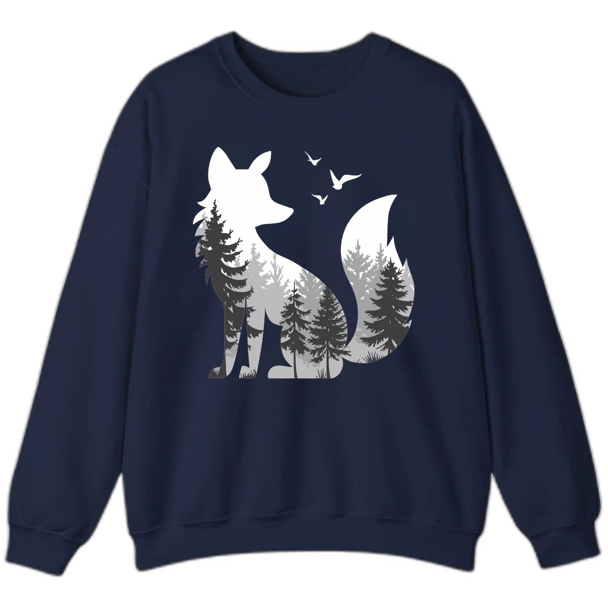 Forest fox double exposure illustration with evergreen trees and flying birds in black, gray, and white silhouettes in Navy
