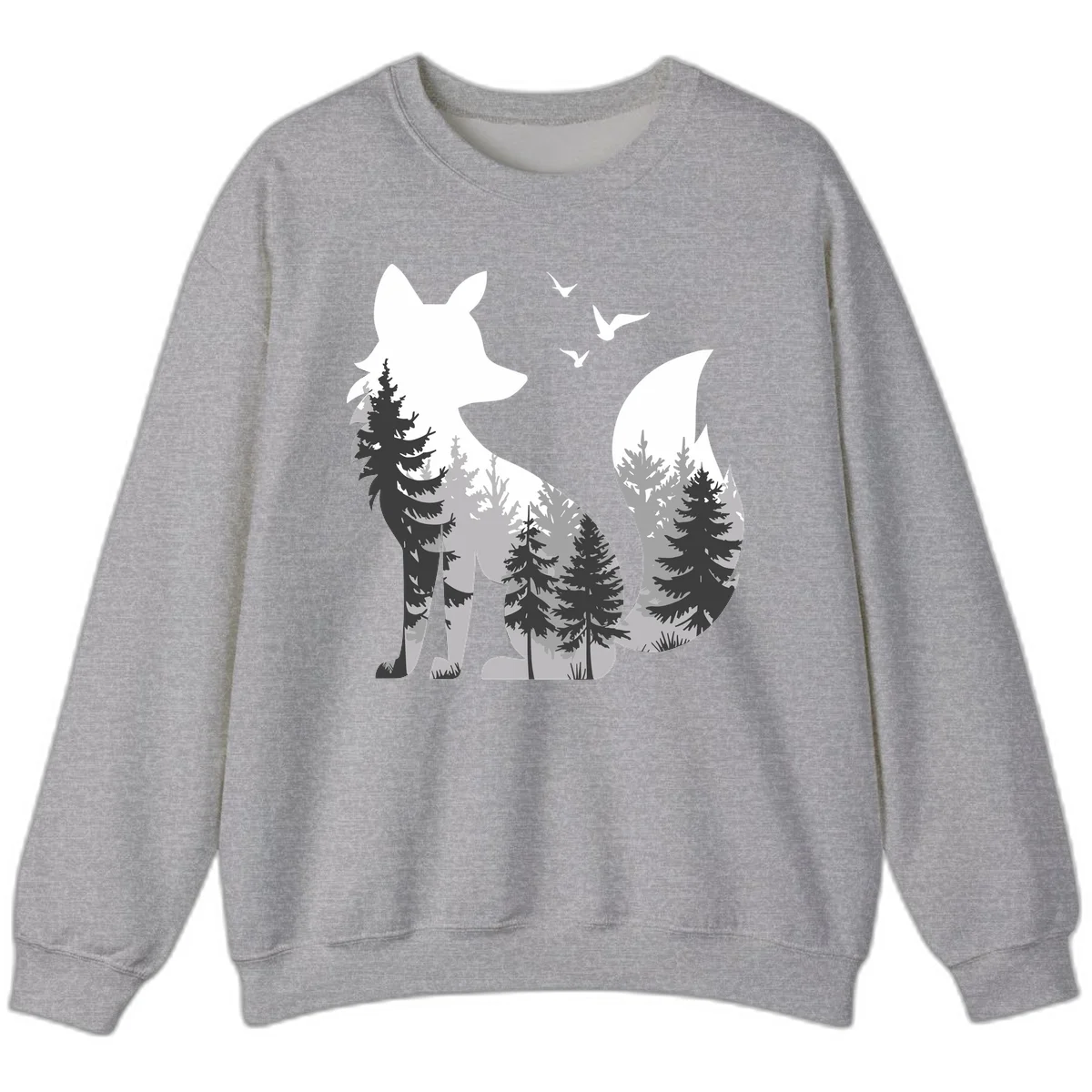 Forest fox double exposure illustration with evergreen trees and flying birds in black, gray, and white silhouettes in Sport Grey