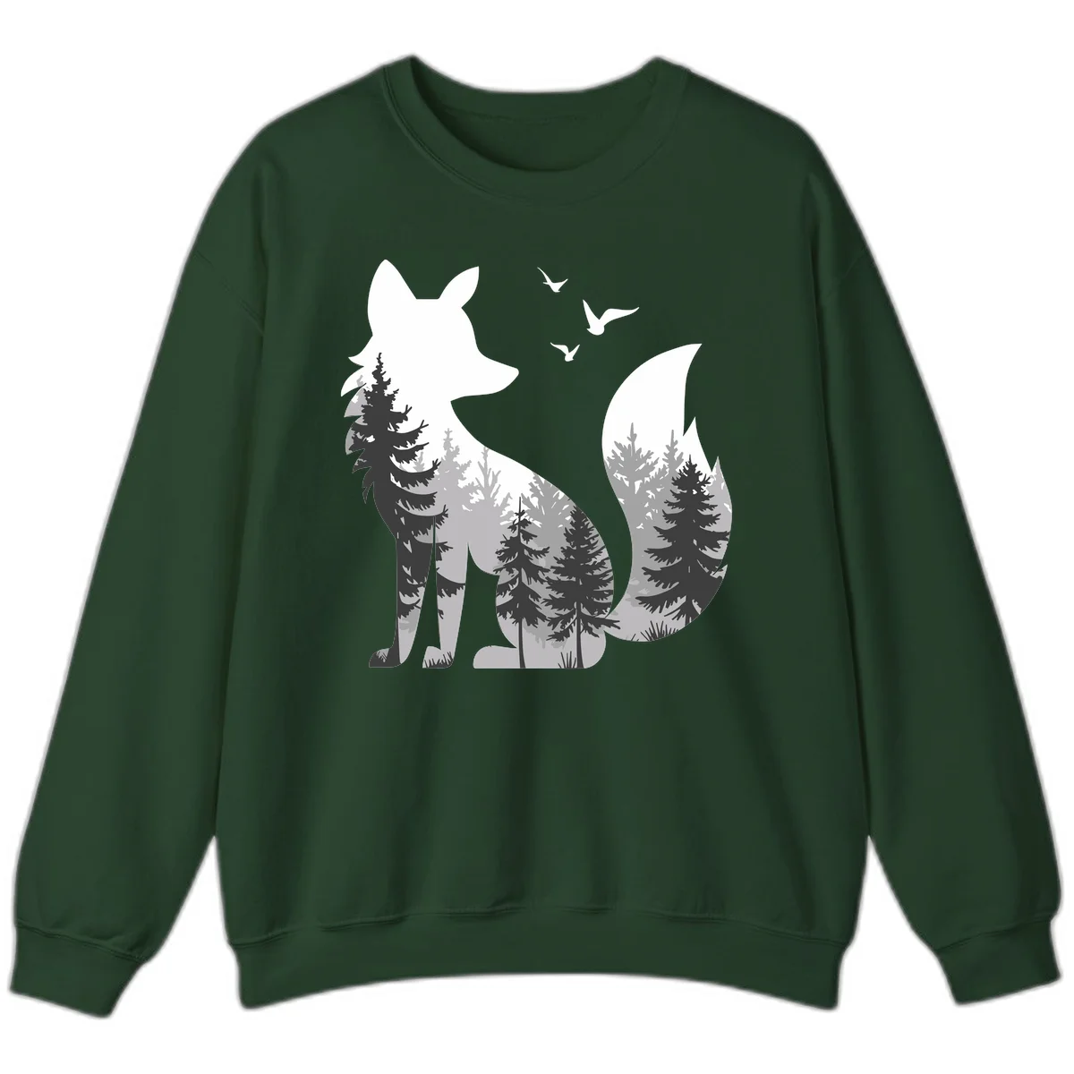 Forest fox double exposure illustration with evergreen trees and flying birds in black, gray, and white silhouettes in Forest Green