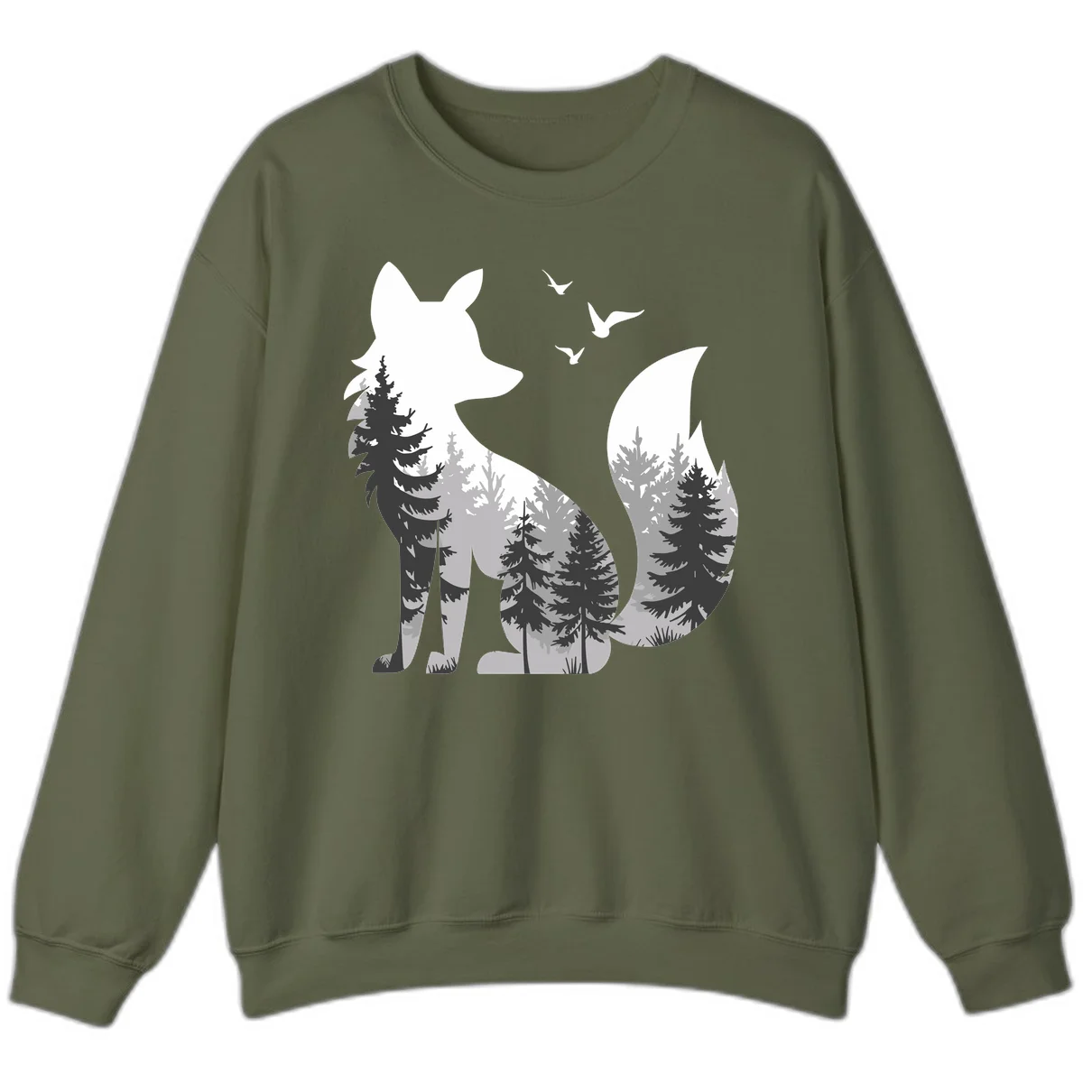 Forest fox double exposure illustration with evergreen trees and flying birds in black, gray, and white silhouettes in Military Green