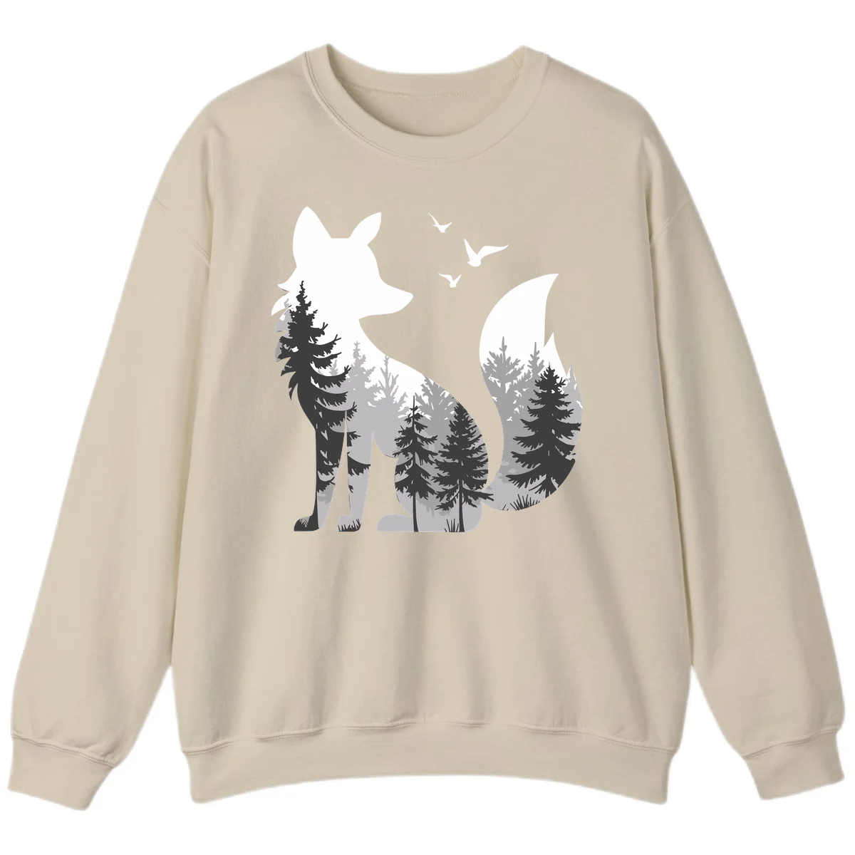 Forest fox double exposure illustration with evergreen trees and flying birds in black, gray, and white silhouettes in Sand